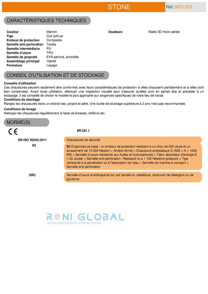 Chaussure basse de sécurité anti-perforation CE SRC - STONE COVERGUARD