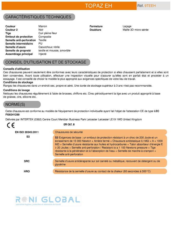Chaussure montante de sécurité en cuir S3 HRO SRC - TOPAZ EH COVERGUARD