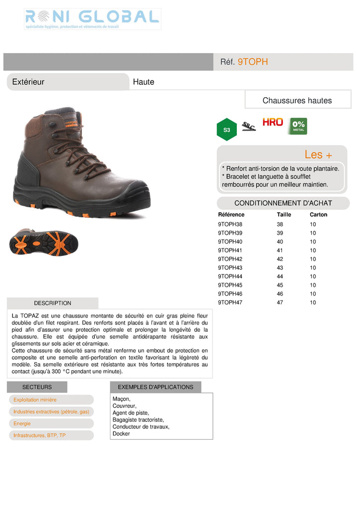 Chaussure montante de sécurité antidérapant S3 HRO SRC - TOPAZ COVERGUARD