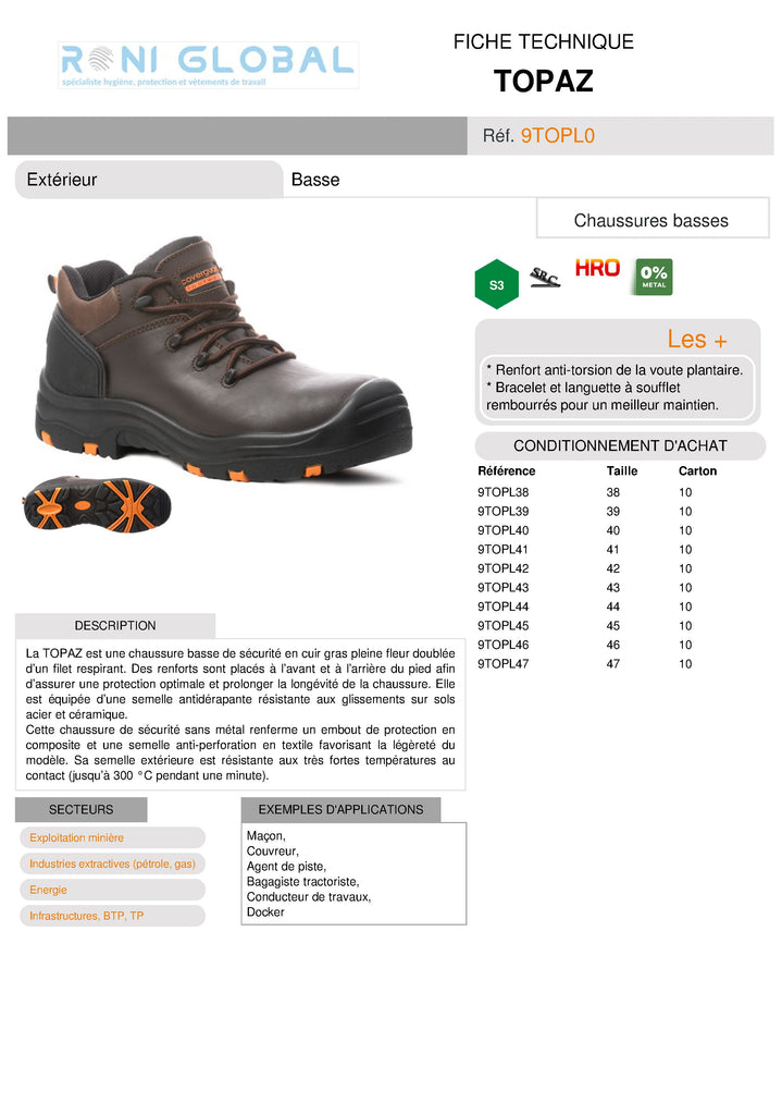 Chaussure basse de sécurité antidérapant S3 HRO SRC - TOPAZ COVERGUARD