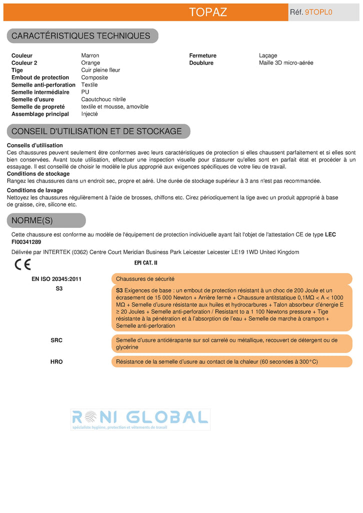 Chaussure basse de sécurité antidérapant S3 HRO SRC - TOPAZ COVERGUARD