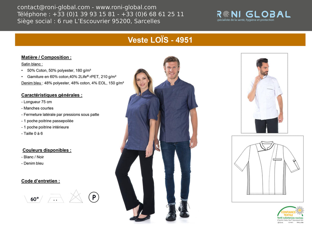 Veste de cuisine unisexe manches courtes 3 poches - LOIS REMI CONFECTION