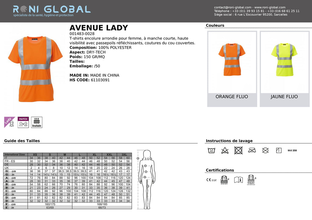 T-shirt de sécurité haute visibilité femme manches courtes, coupe droite en polyester respirant - AVENUE LADY PAYPER