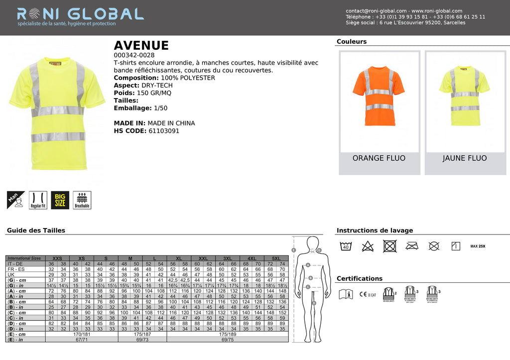T-shirt de sécurité haute visibilité homme manches courtes, coupe droite en polyester respirant - AVENUE PAYPER