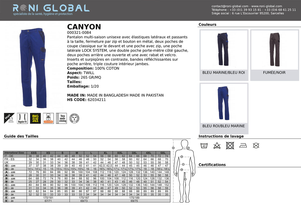 Pantalon de travail unisexe multi-saison, coupe droite en coton avec élastiques latéraux et passants à la taille et 7 poches - CANYON PAYPER