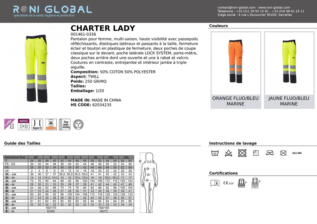 Pantalon de sécurité haute visibilité femme multi-saison, en coton et polyester 6 poches CLASS 3 - CHARTER LADY PAYPER