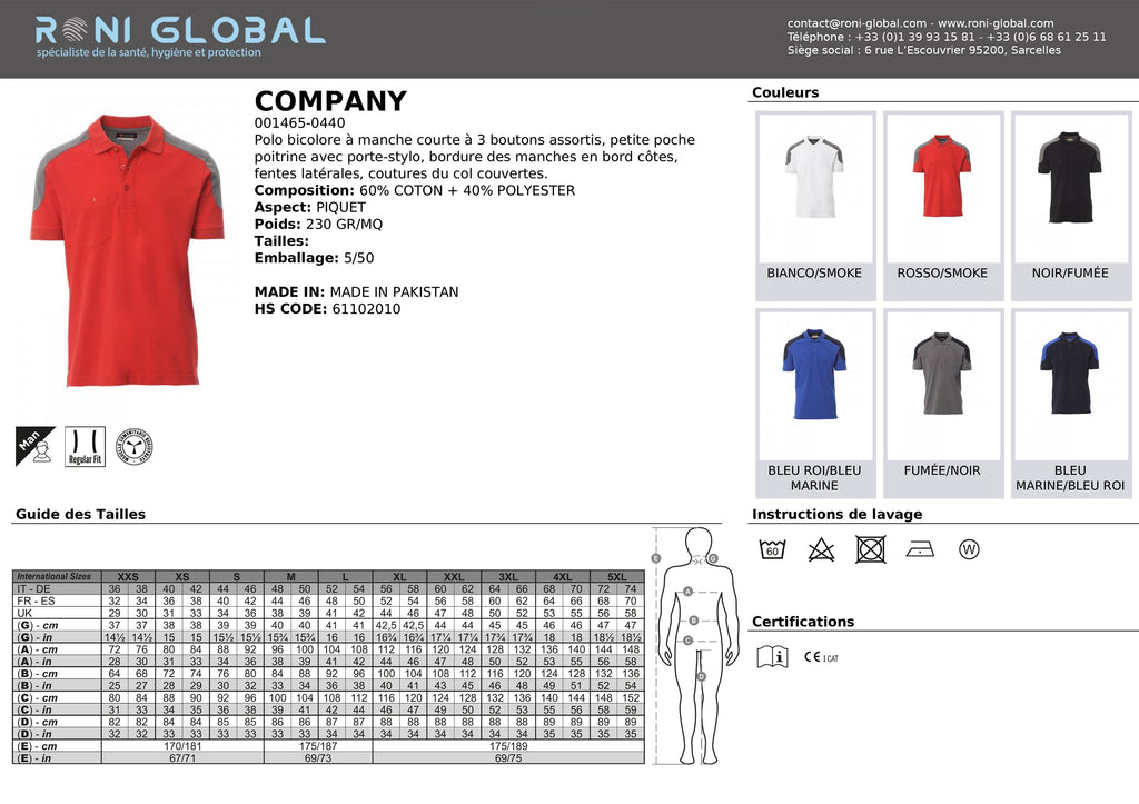 Polo de travail homme manches courtes, coupe droite en coton et polyester 1 poche - COMPANY PAYPER