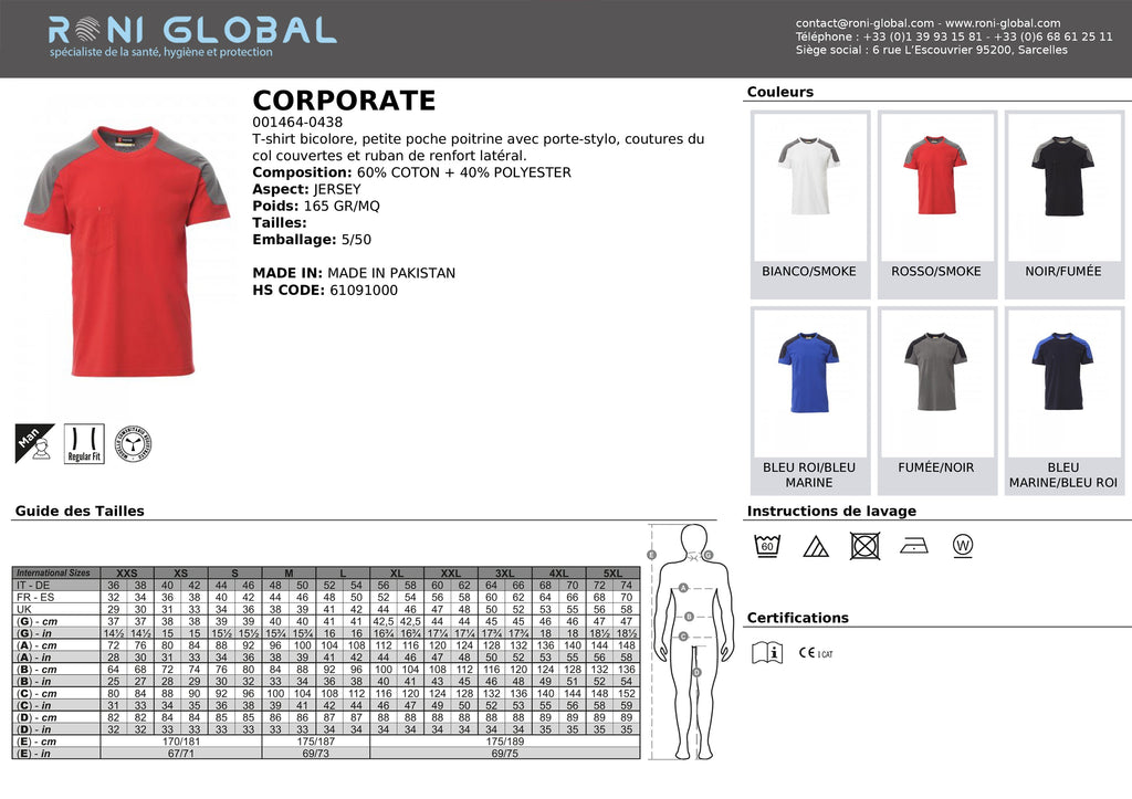 T-shirt de travail homme manches courtes, bicolore, coupe droite en coton et polyester 1 poche - CORPORATE PAYPER