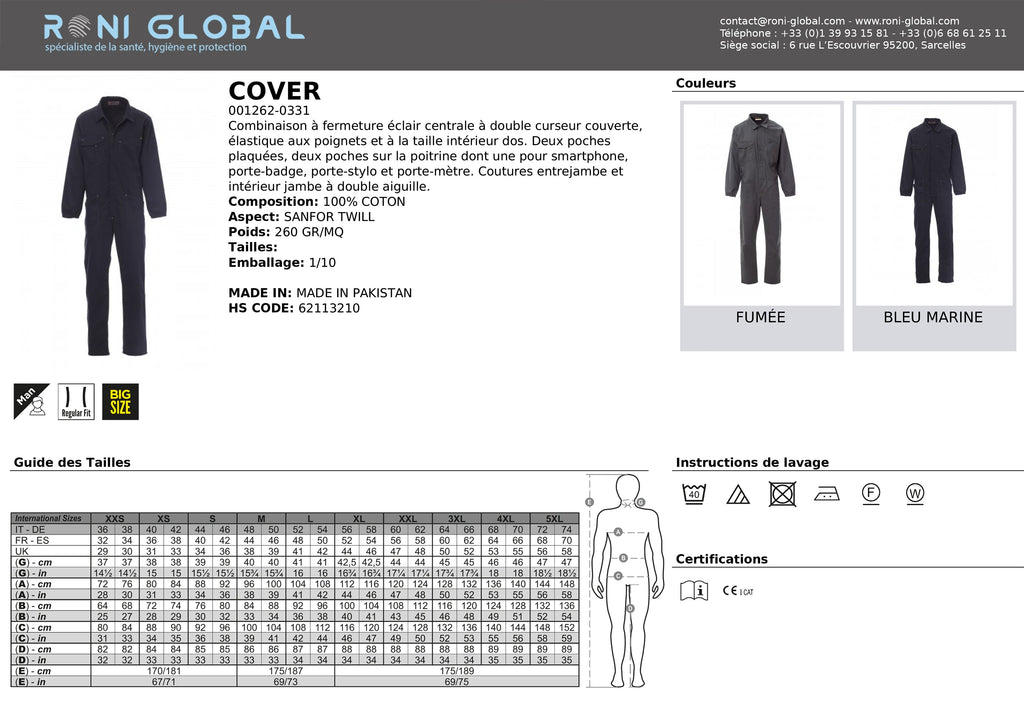 ﻿Combinaison de travail homme, coupe droite en coton 6 poches - COVER PAYPER