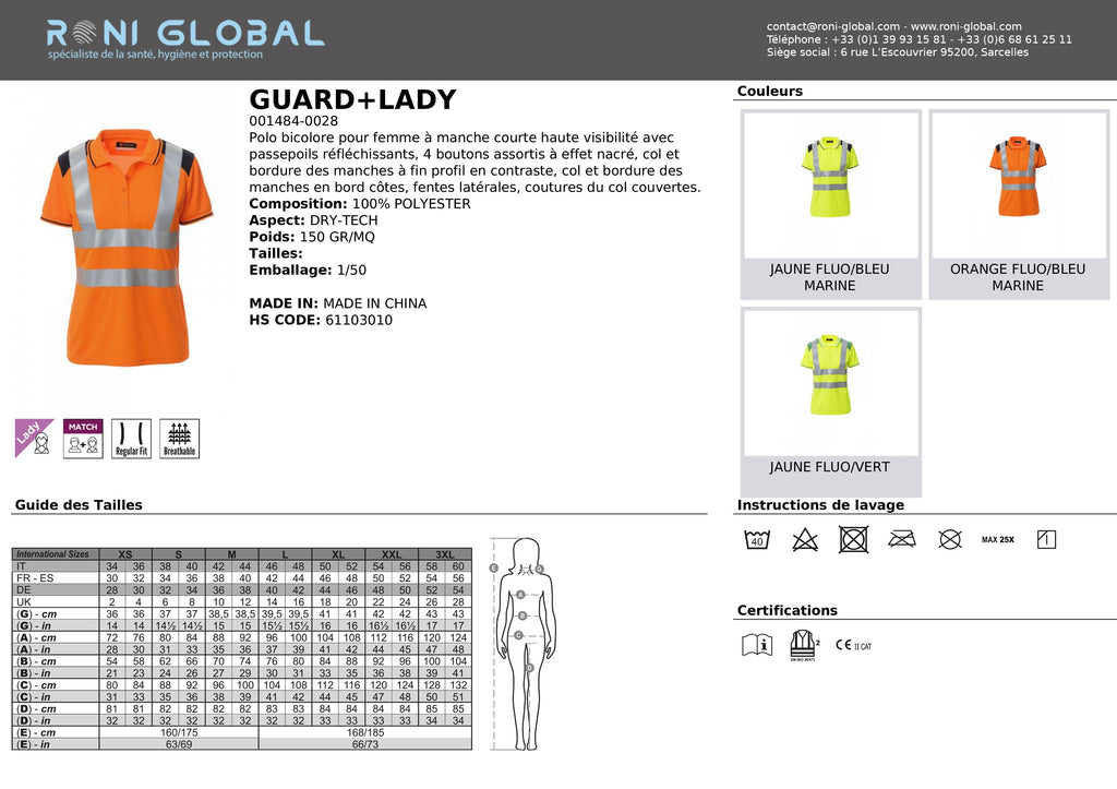 Polo de sécurité haute visibilité femme, manches courtes, respirant et coupe droite en polyester CLASS 2 - GUARD+LADY PAYPER