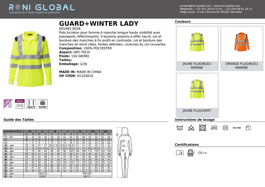 Polo de sécurité haute visibilité femme, manches longues, respirant et coupe droite en polyester CLASS 2 - GUARD+WINTER LADY PAYPER
