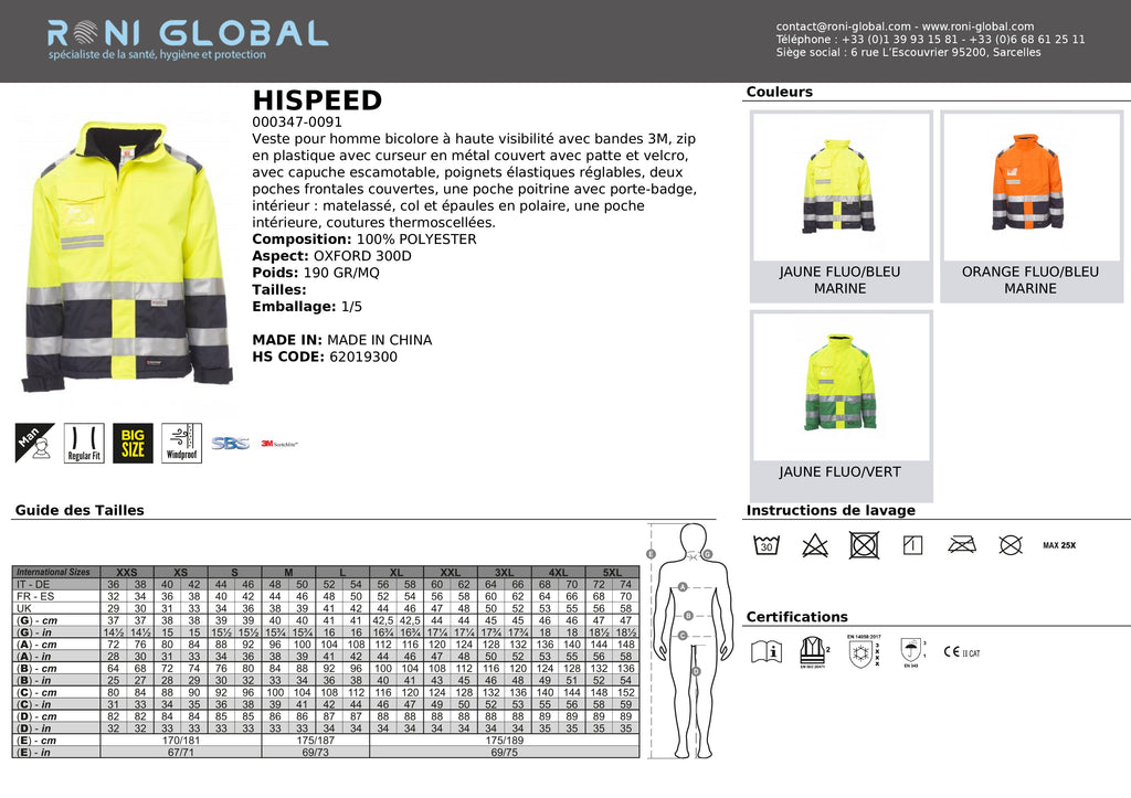 Veste de sécurité haute visibilité homme anti-froid et anti-pluie, coupe droite en polyester 4 poches CLASS 2 - HISPEED PAYPER