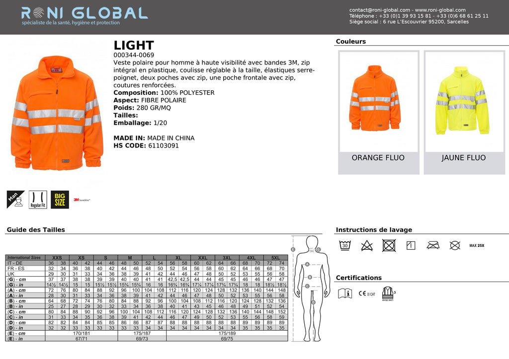 Veste de sécurité haute visibilité homme, polaire coupe droite en polyester 3 poches CLASS 3 - LIGHT PAYPER