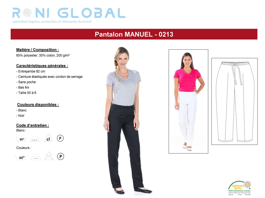 Pantalon de travail femme en coton/polyester avec ceinture élastique sans poche - MANUEL REMI CONFECTION
