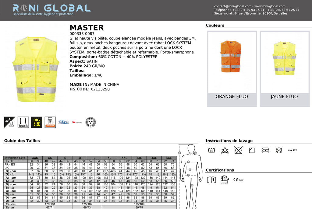 Gilet de sécurité homme haute visibilité, coupe droite en coton et polyester CLASS 2 - MASTER PAYPER