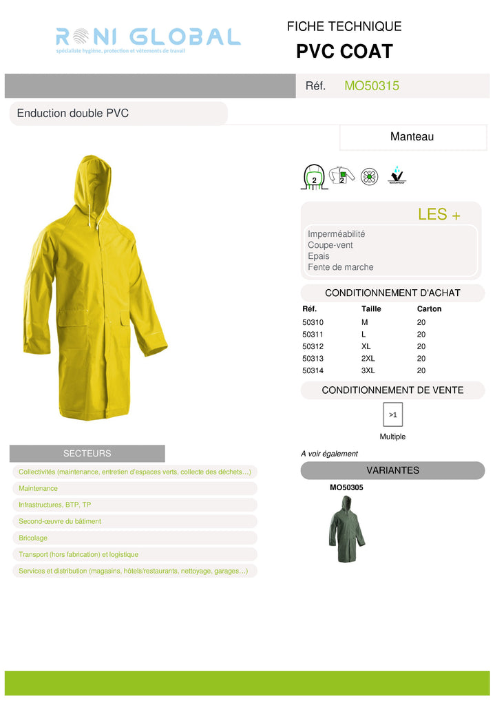 Manteau de travail de pluie imperméable et coupe-vent en coton/polyester enduit double PVC 2 poches - PVC COAT COVERGUARD