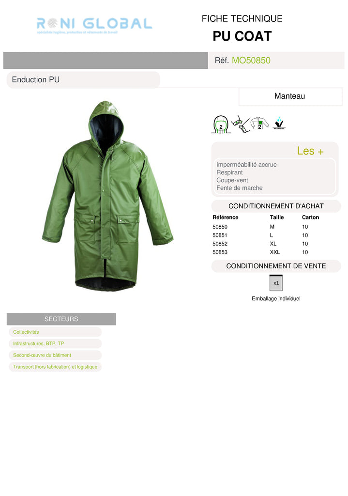 Manteau de travail coupe-vent, anti-pluie et imperméable en polyester enduit polyuréthane vert 2 poches - PU COAT COVERGUARD