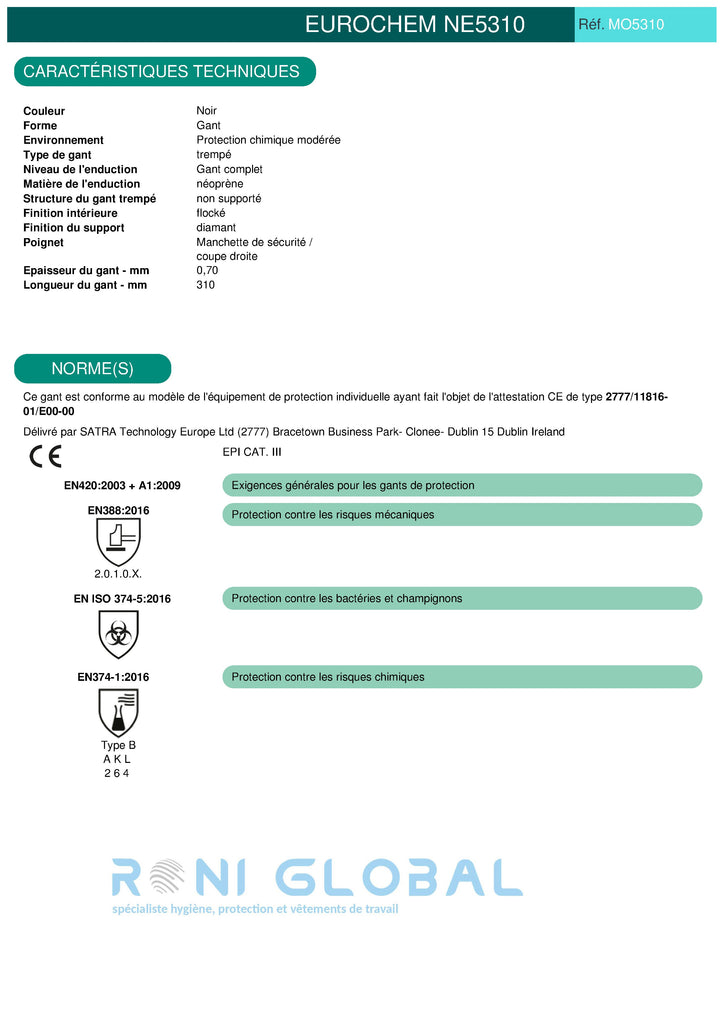 Gant de protection chimique modérée à haute enduit au néoprène noir flocké TYPE B - EUROCHEM NE5310 COVERGUARD (boîte de 10 paires)