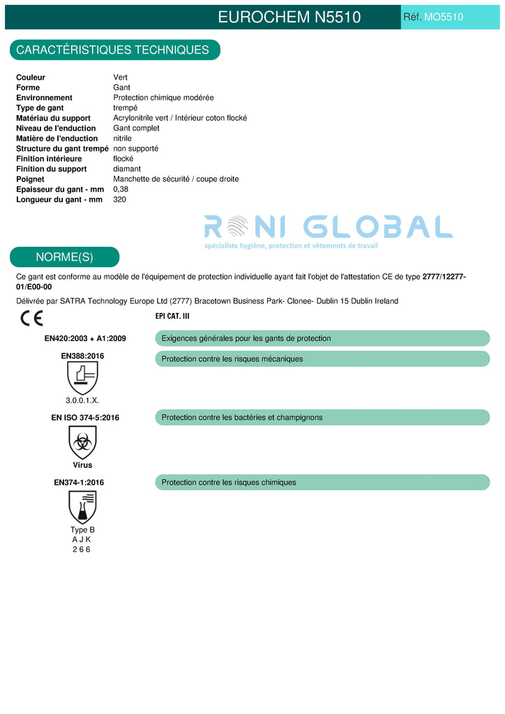 Gant de protection chimique modérée étanche en acrylonitrile et coton flocké enduit au nitrile TYPE B - EUROCHEM N5510 COVERGUARD (boîte de 10 paires)