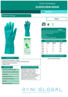 Gant de protection chimique modérée en acrylonitrile et coton flocké enduit au nitrile TYPE B - EUROCHEM N5520 COVERGUARD (boîte de 10 paires)