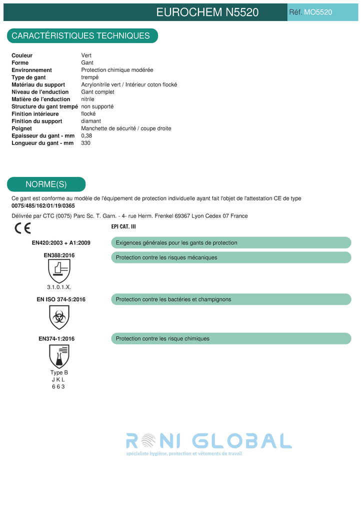 Gant de protection chimique modérée en acrylonitrile et coton flocké enduit au nitrile TYPE B - EUROCHEM N5520 COVERGUARD (boîte de 10 paires)