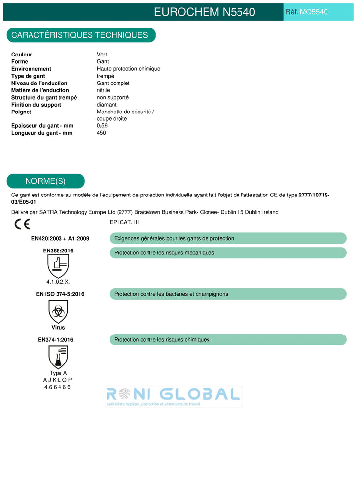 Gant de protection chimique modérée à haute en acrylonitrile vert enduit au nitrile TYPE A - EUROCHEM N5540 COVERGUARD (boîte de 6 paires)