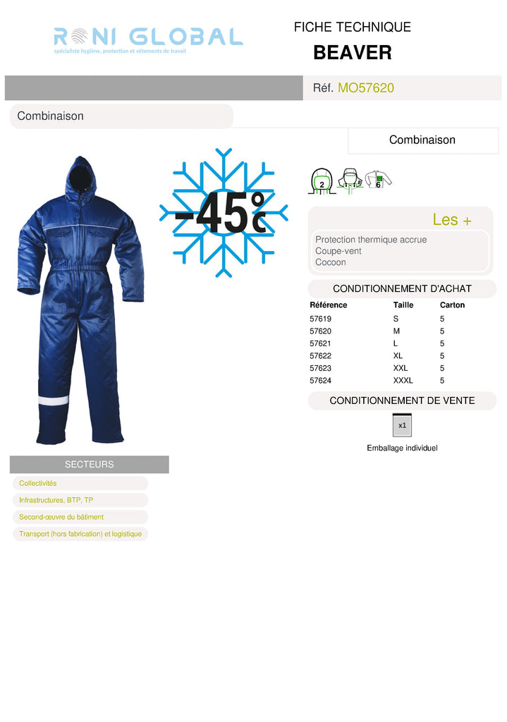 Combinaison de travail bleue coupe-vent, anti-froid thermique en coton et polyester imperméable 6 poches - BEAVER COVERGUARD