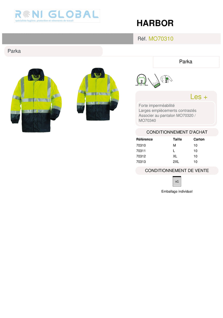 Parka de travail haute visibilité anti-pluie en polyester enduit polyuréthane CLASS 3 - HARBOR COVERGUARD