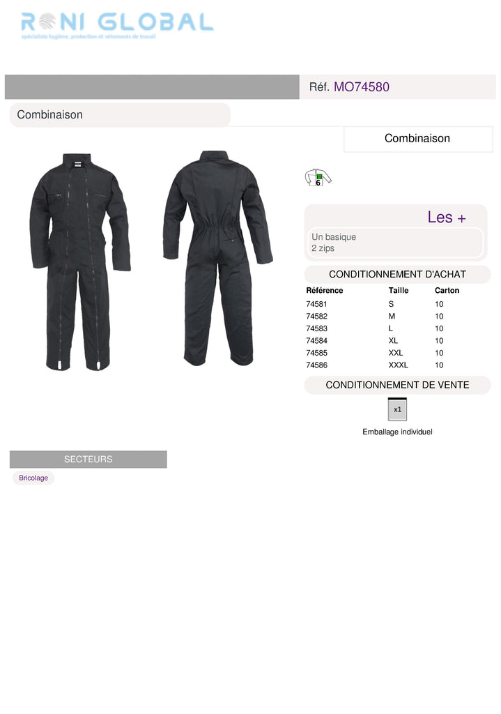 Combinaison de travail bricolage en polyester/coton 6 poches - FACTORY COVERGUARD