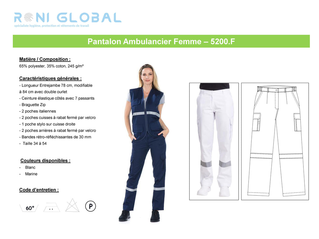 Pantalon ambulancier femme rétroréfléchissant en coton et polyester, ceinture élastique et 7 poches - AMBULANCIER FEMME REMI CONFECTION