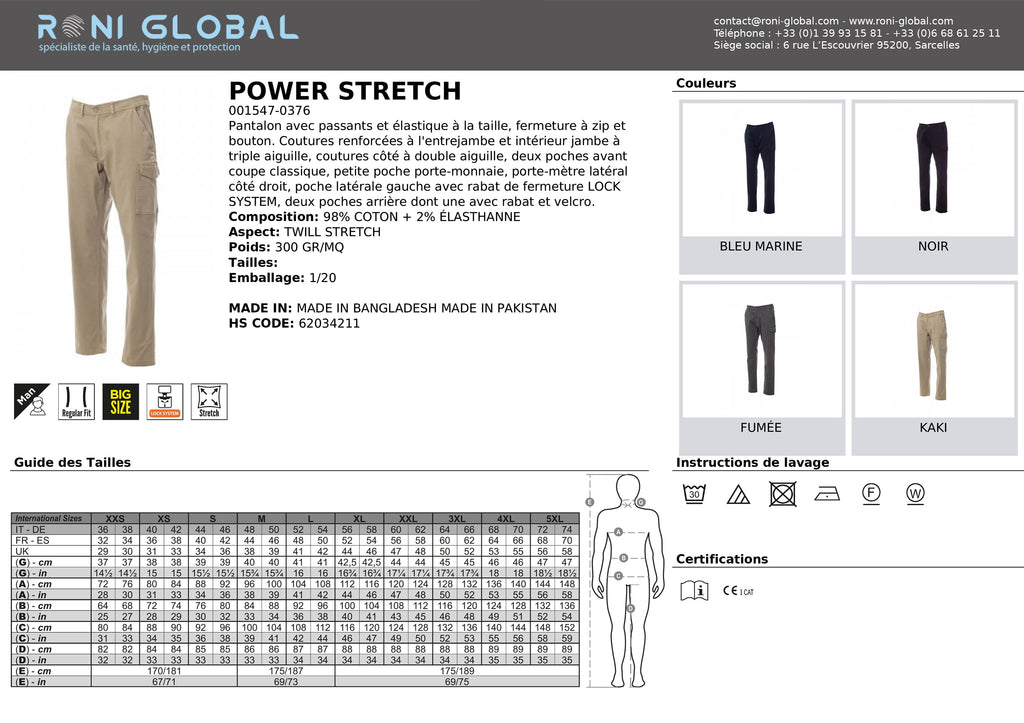 Pantalon de travail homme, coupe droite, stretch en coton et élasthanne 6 poches - POWER STRETCH PAYPER