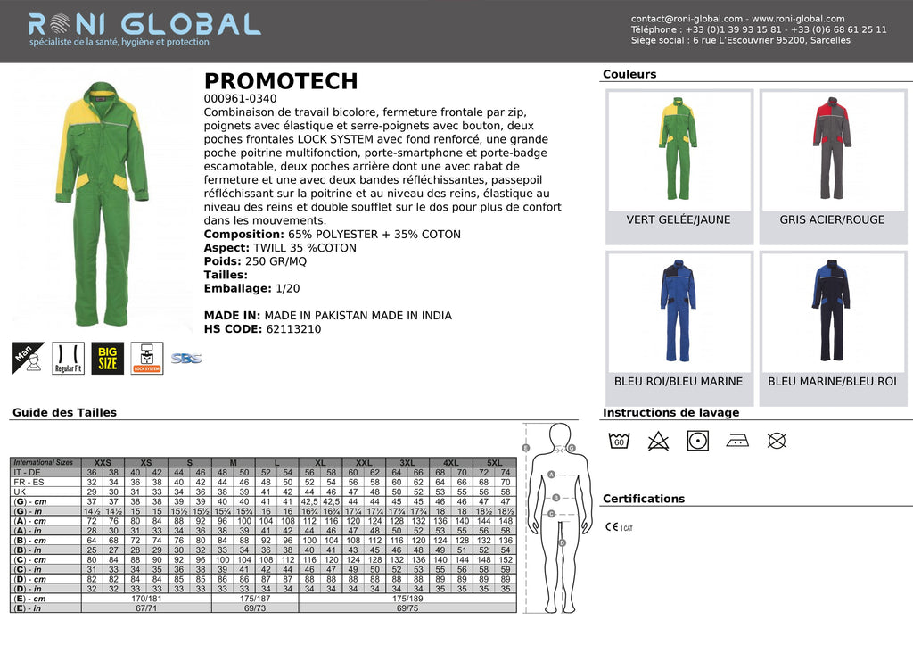 Combinaison de travail bicolore homme coupe droite, en polyester et coton 6 poches - PROMOTECH PAYPER