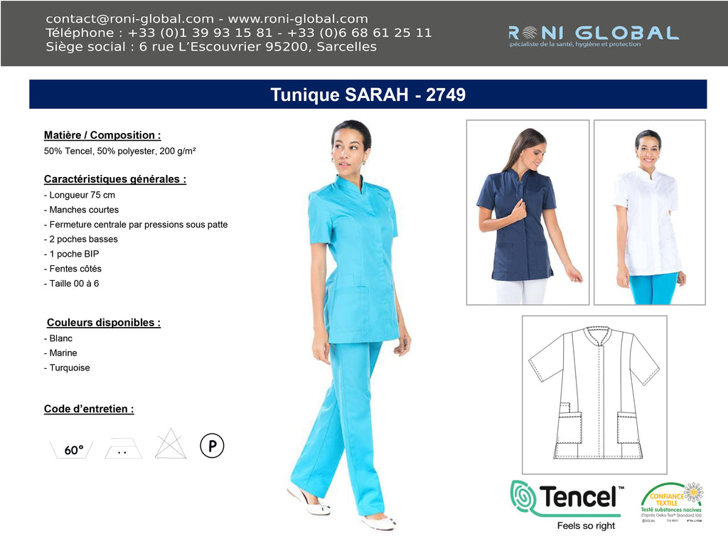 Tunique de travail femme manches courtes en tencel/polyester 3 poches - SARAH REMI CONFECTION
