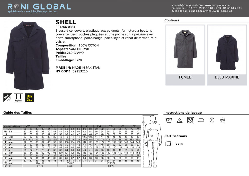 Blouse de travail homme, coupe droite en coton 4 poches - SHELL PAYPER