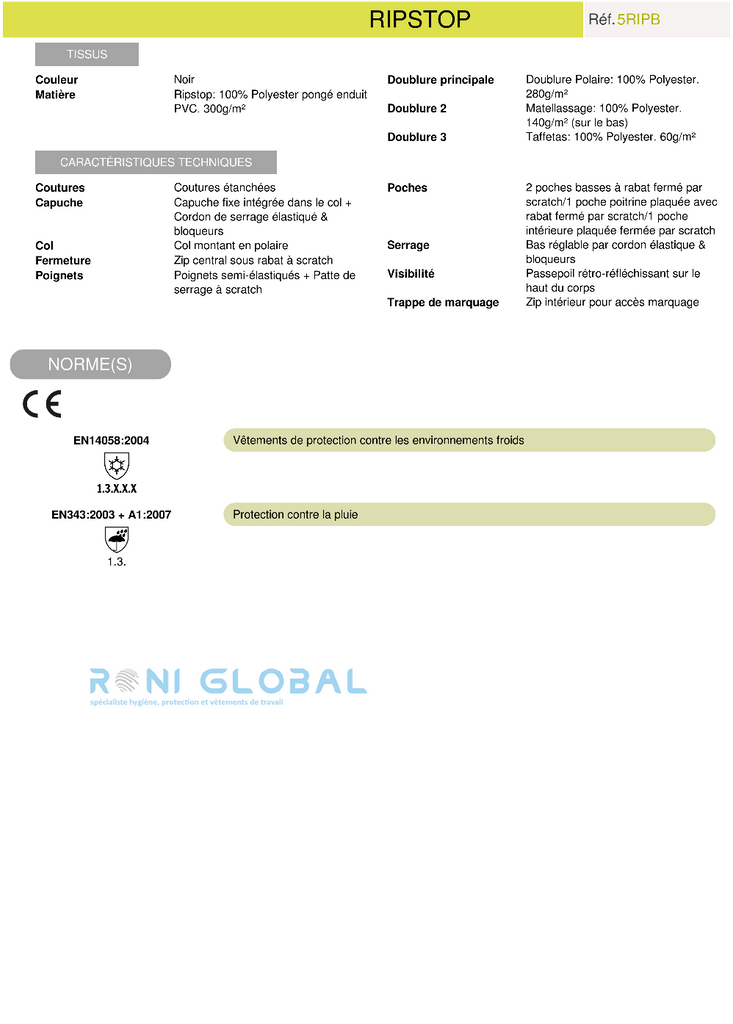 Parka de travail coupe-vent, anti-pluie et anti-froid en polyester pongé enduit PVC - RIPSTOP COVERGUARD