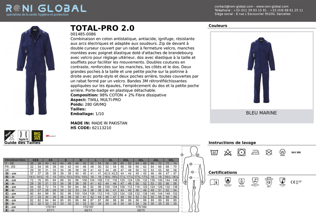 Combinaison de protection antistatique, antiacide TYPE 6, ignifuge CLASSE 1 A1, résistance arcs électriques, chaleur et anti-flamme A1-B1-C1-D1-E3 homme en coton - TOTAL-PRO 2.0 PAYPER