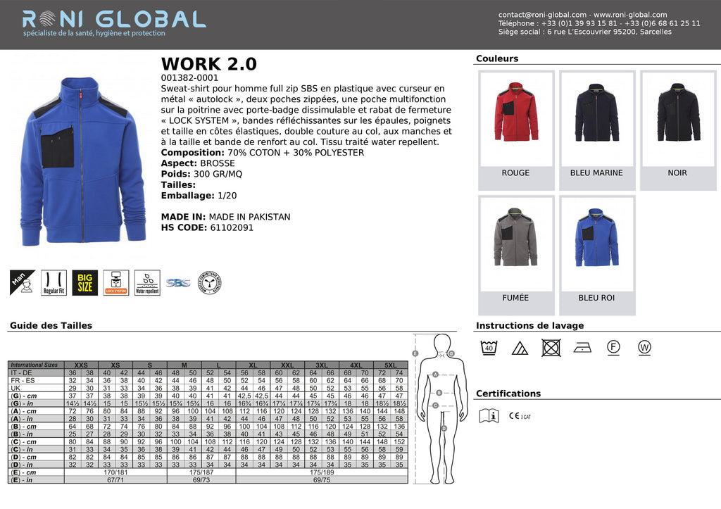 Sweat de travail homme avec porte-badge et bandes réfléchissantes, coupe droite en coton et polyester 3 poches - WORK 2.0 PAYPER