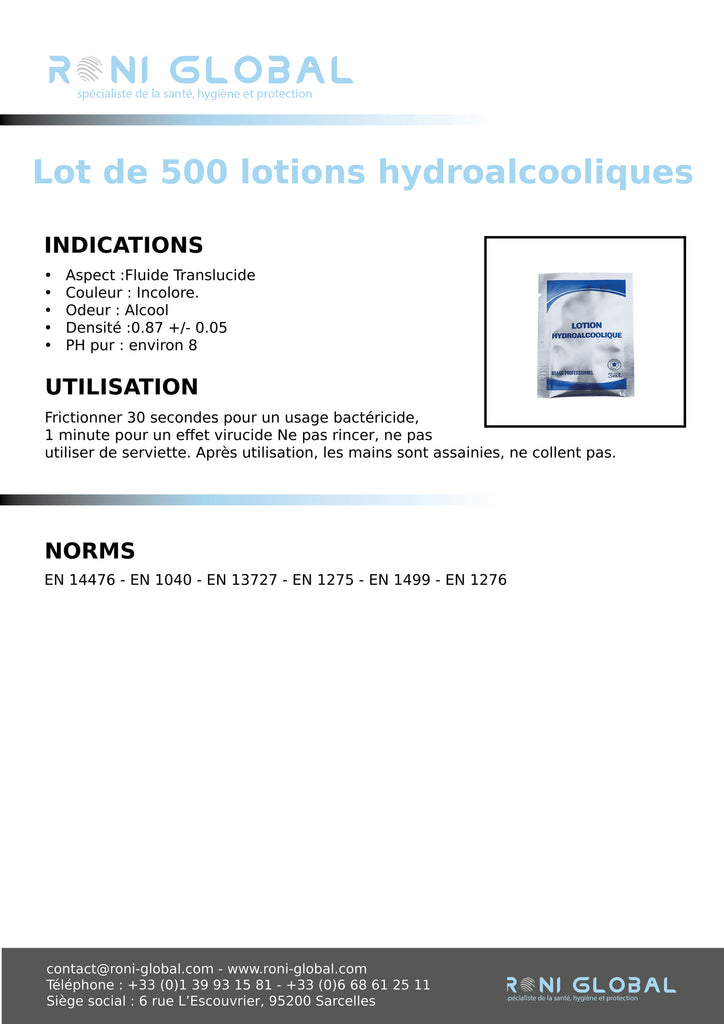 Lotions hydroalcooliques en dosette individuelle de 3ML - RONI GLOBAL (500 pièces)