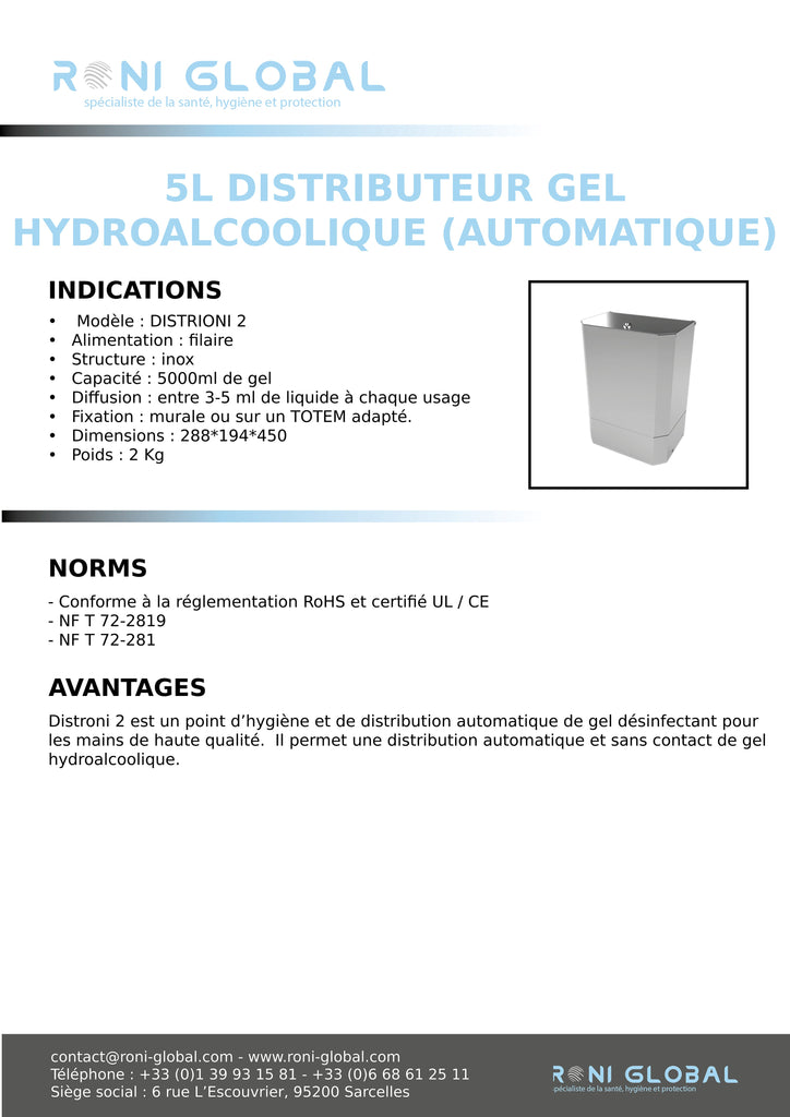DISTRIRONI 2 - Distributeur gel hydroalcoolique (automatique) 5L