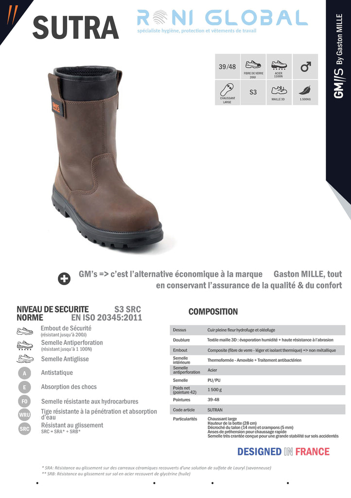 Botte de sécurité homme antidérapant, en cuir avec embout de sécurité SRA S3 - SUTRA GASTON MILLE