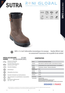 Botte de sécurité homme antidérapant, en cuir avec embout de sécurité SRA S3 - SUTRA GASTON MILLE