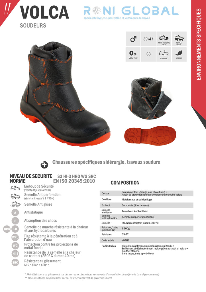 Chaussure montante de sécurité soudure homme antidérapant, anti-chaleur et anti-projection de métal, en cuir avec embout de sécurité S3 HI-3 HRO WG SRC - VOLCA GASTON MILLE