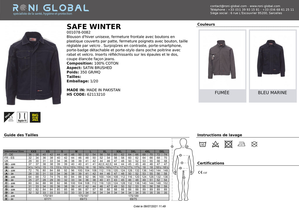 Veste / blouson de travail jean unisexe hiver, coupe droite en coton 2 poches - SAFE WINTER PAYPER